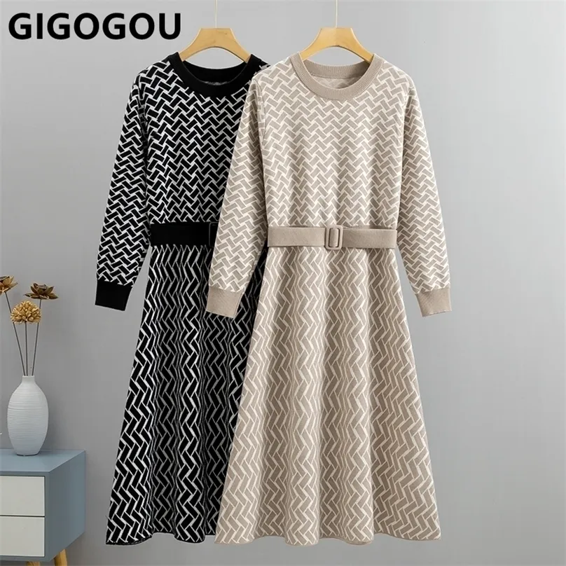 Robes décontractées Gigogou Luxury Jacquard Femmes Long Sweater Chic Automne hiver une ligne avec ceinture plissée Maxi Midi Party 221007