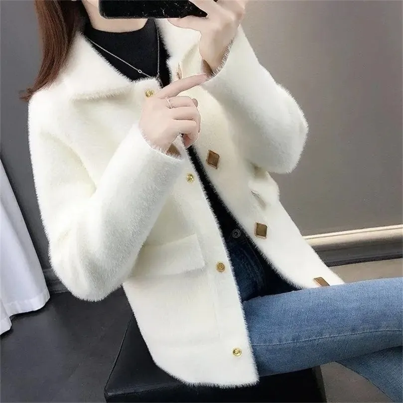 Dames breises tees elegant mink cashmere trui vorst dames winter Koreaans fleece gebreide jas vrouwelijke casual revers revers met één borsten 221007