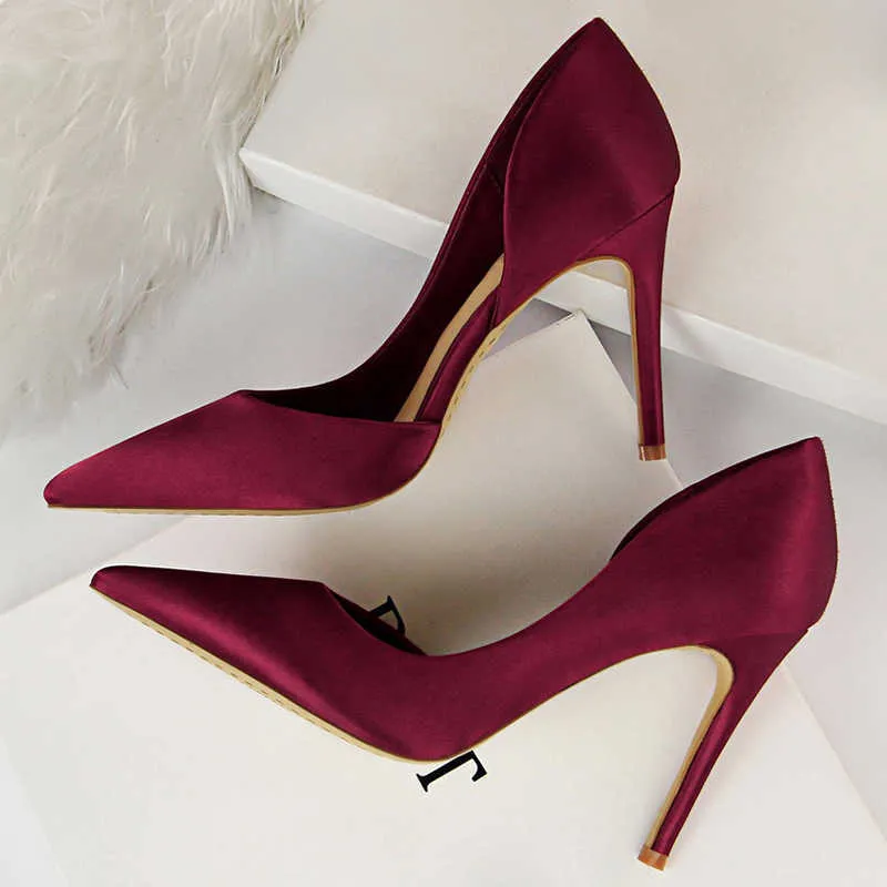Dress Shoes 2022 Women 9.5cm High Heels Blue Pumps Satin Escarpins Luxury Stiletto Lady Shoes High Heels Scarpins Burgundy Green Prom Shoes T220927