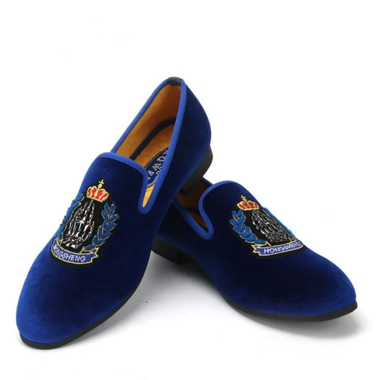 New Style Men Blue Velvet Shoes Embroidery Crown Fashion Party and Banquet Male Dress Shoes Plus Size 39-47 a6