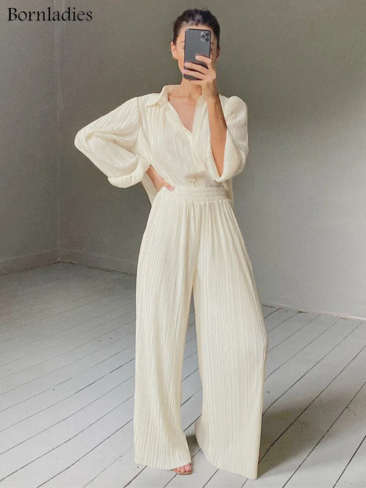 Women's Two Piece Pants Men's Tracksuits Bornladies Pleated Wide Leg Pants Set Elastic High Waist Ruched Palazzo Loose Blouse Shirt Oversized 221006