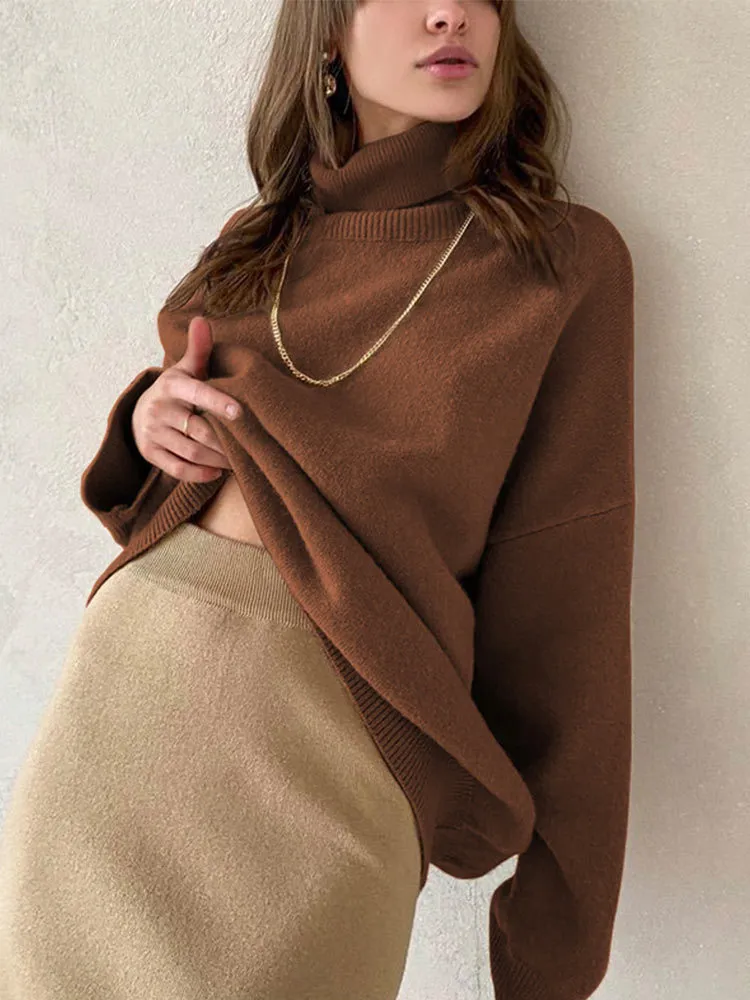 Women's Soft Oversized Turtleneck Sweater – Korean Style Cashmere Feel Pullover – Khaki - View #8