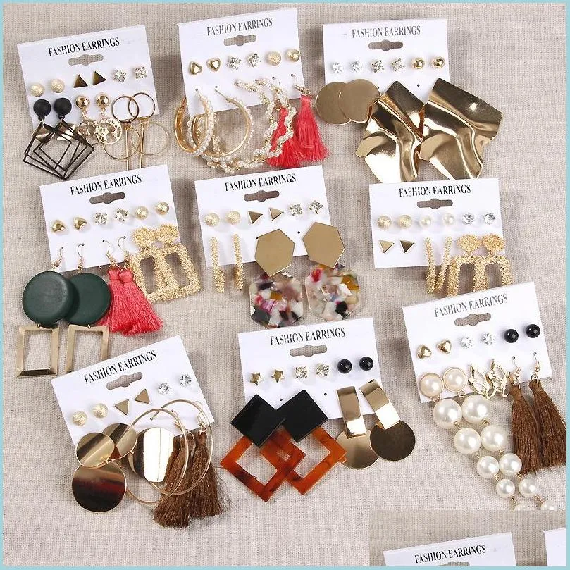 Dungle Chandelier Kadın Küpe Çember Seti Geometrik Dangle Damla Küpe Kadın Moda Takı Elmas İnci Tassel Stud m Bdehome DHG5P