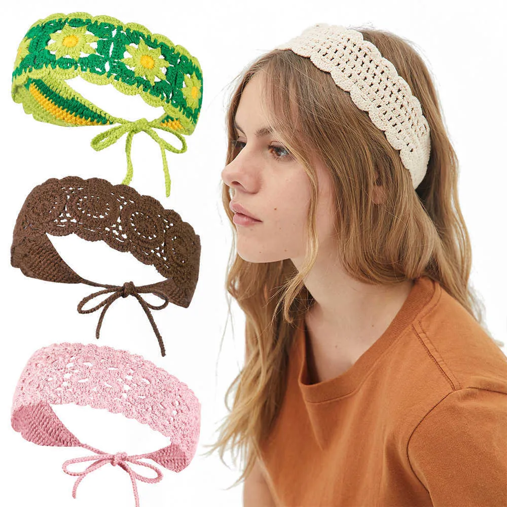 Bandeaux Nouveau Tricoté Bandeau Filles Turban Fleurs Réglable Chapeaux Crochet Élastique Bande De Cheveux Accessoires De Cheveux Pour Les Femmes Automne Hiver T221007