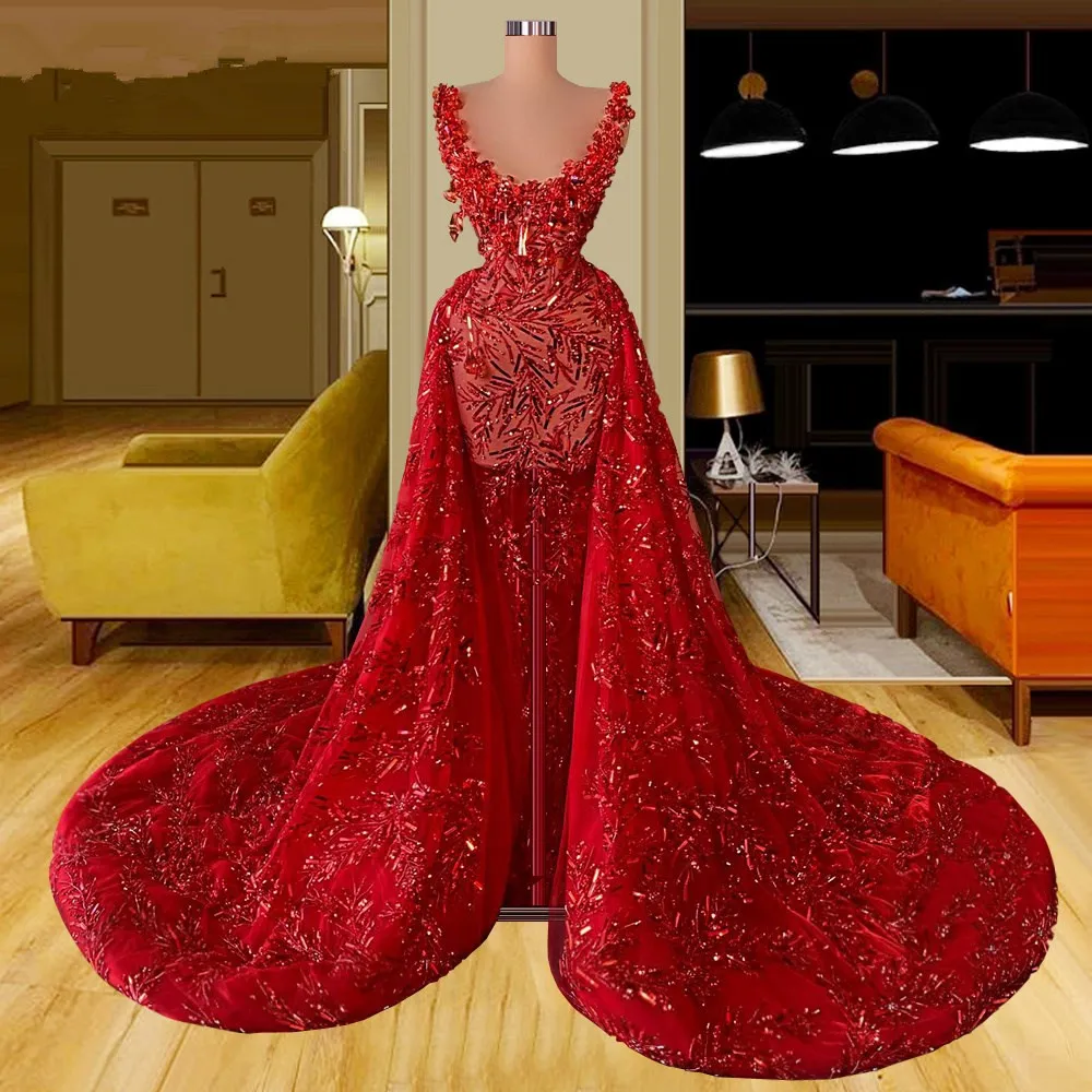 Luxe Red Mermaid Prom -jurken schep met overskirts feestjurken kralende pailletten mouwloze op maat gemaakte avondjurk