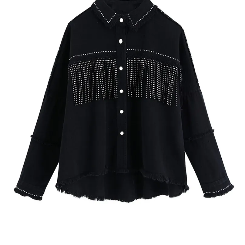 Women's Jackets TRAF Women Stylish Tassel Beaded Oversized Denim Jacket Coat Vintage Fashion Long Sleeve Frayed Trim Outerwear Chic Loose Tops 221007