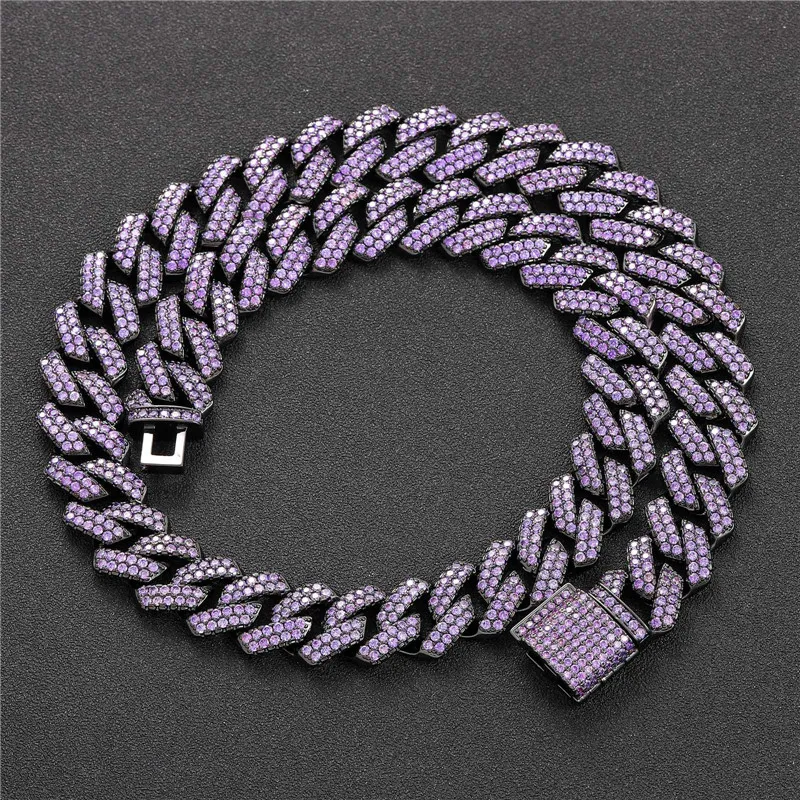 15MM Diamond Cuban Chain Micro Paved Purple Zircon Rapper Necklaces For Men Jewelry