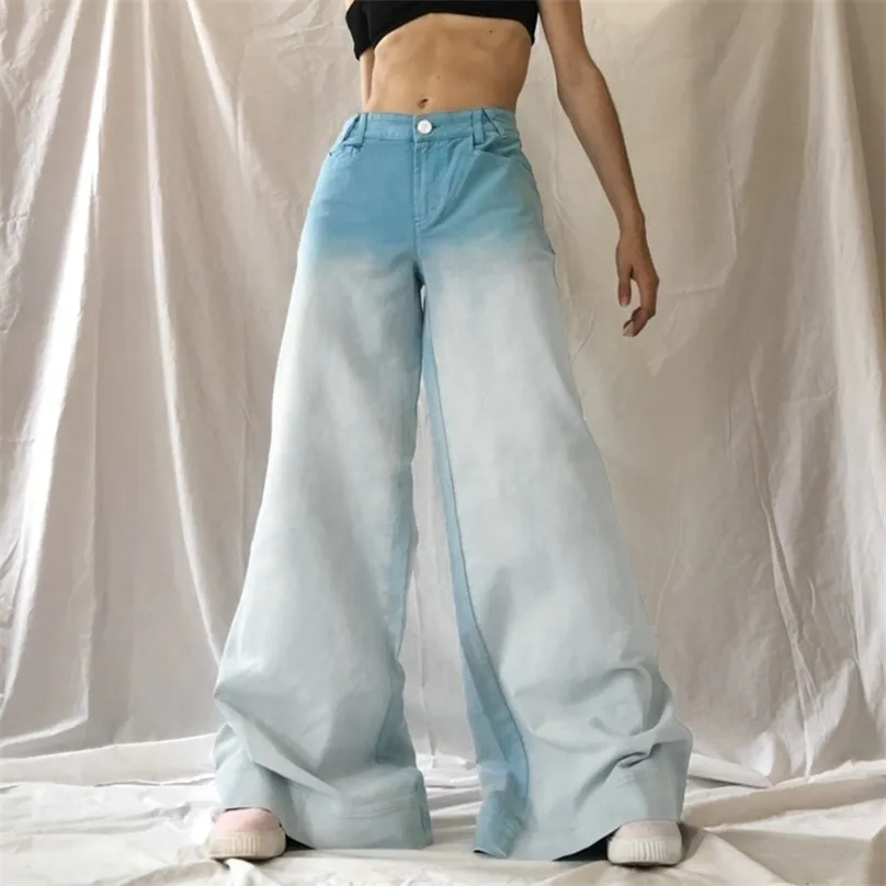 Pantaloni da donna capris jeans larghi gradiente donna blu moda y2k pantaloni a larga gamba bassa estetica harajuku streetwear casual streetwear denim cargo 221007