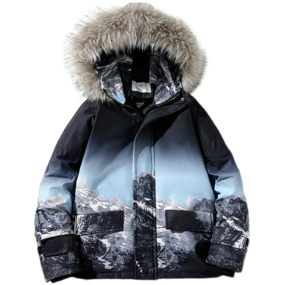 Harajuku Japan Style Winter Jacket Men Print Street Fashion Parkas Fur Collar Thick Warm High Street Coat Casual