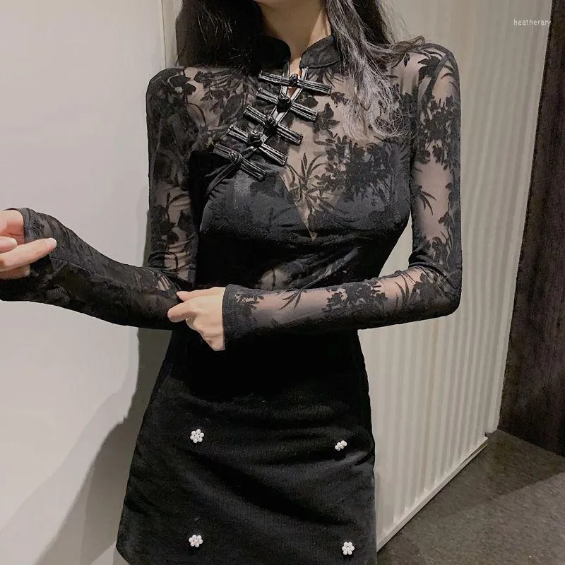 Ethnic Clothing Sexy Fairy Mesh Shirt Autumn Top Women Black Lace Blouse Embroidery Hollow Out Outwear Vintage Chinese Mandarin Co3483