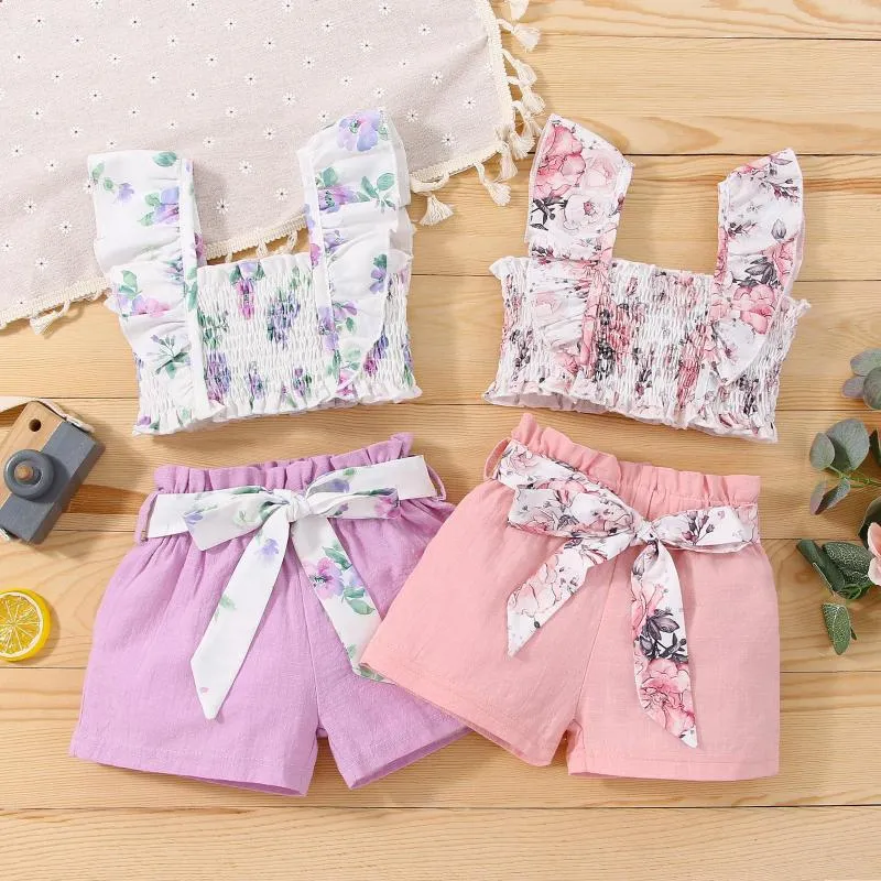 Kläder sätter spädbarns småbarn baby flickor kläder outfit flygande ärm blommig tryck ruched tank tops med shorts set 9m-3t