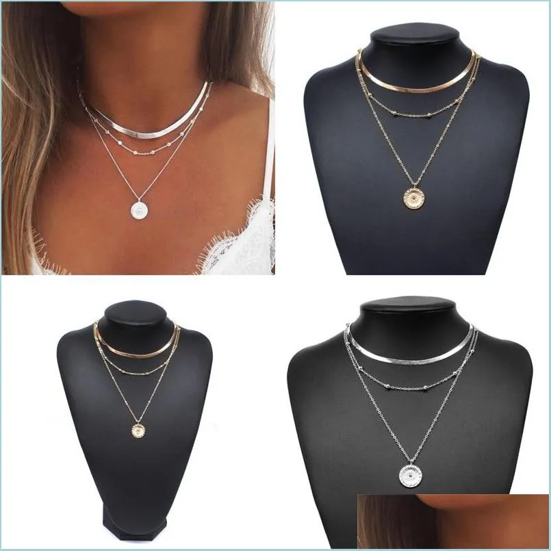 Pendant Necklaces Gold Sier Plated Necklaces Mti Storey Flower Alloy Women Pendants Jewelry Solid Color Neck Chain Personality Simpli Dhd2T