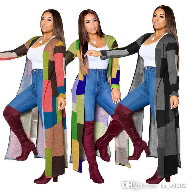 Autumn Winter Women Printed Long Windbreaker Coat Plus Size M-4XL Stitching Colorblock Outwear Casual Longline Cardigan