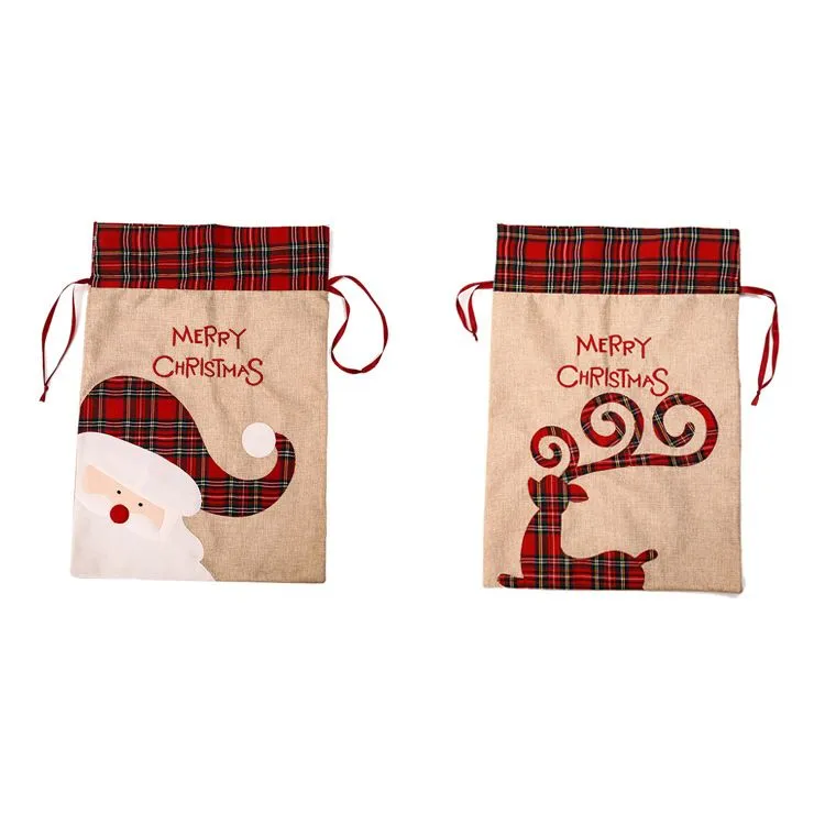 Linen Santa Sack Christmas Gift Bag Red Plaid Drawstring Tote Bags Festival Decoration DH974