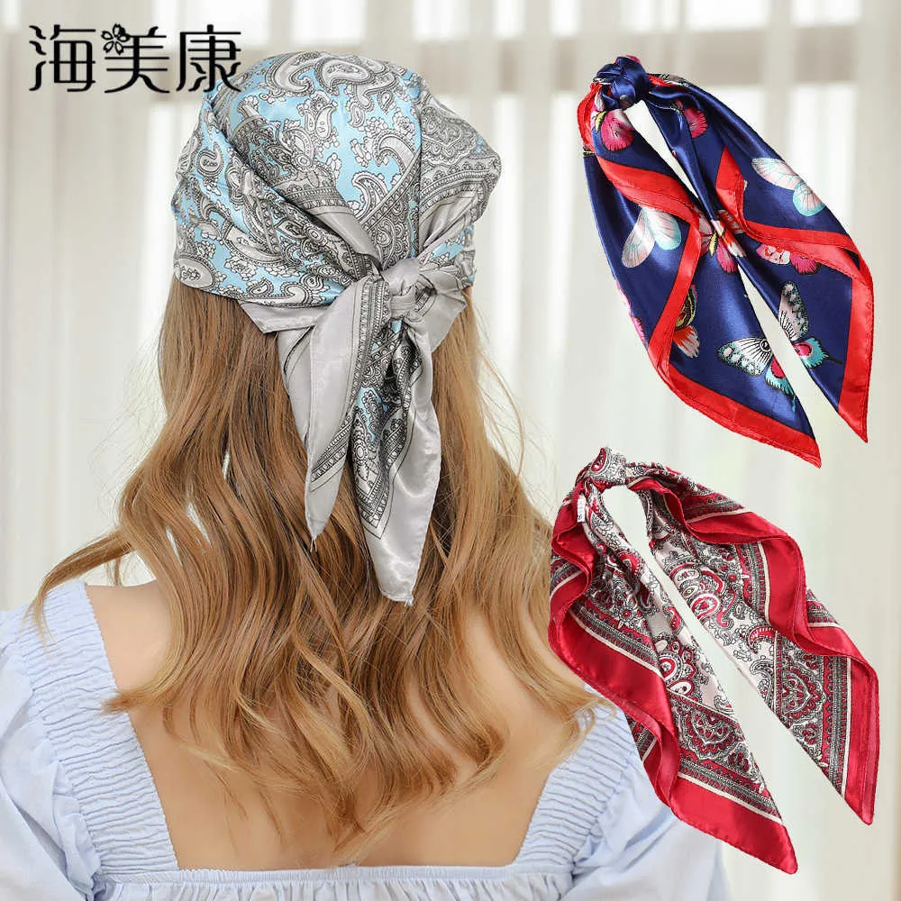 Главные повязки Haimeikang Butterfly Square Silk Sharf Floral Print аксессуары для волос для волос женская девушка голова горя атласная бандана платка T221007