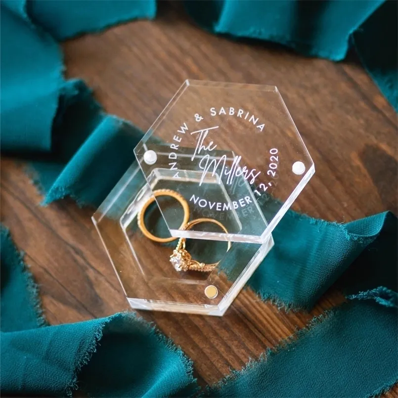 Inne imprezy imprezowe spersonalizowane sześciokątne przezroczyste akrylowe przechowywanie biżuterii niestandardowe nazwy tekstu Ring Box może umieścić kolczyki ślubne dla dziewcząt 221007