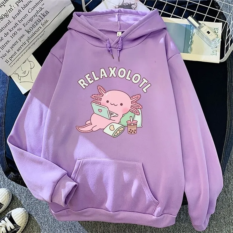 Hoodies للنساء من النوع الثقيل Axolotl boba حليب الشاي هوديز النمط الكوري للنساء ملابس Kawaii Sweatshirt خمر الكرتون هوديي harajuku sudaderas 221007