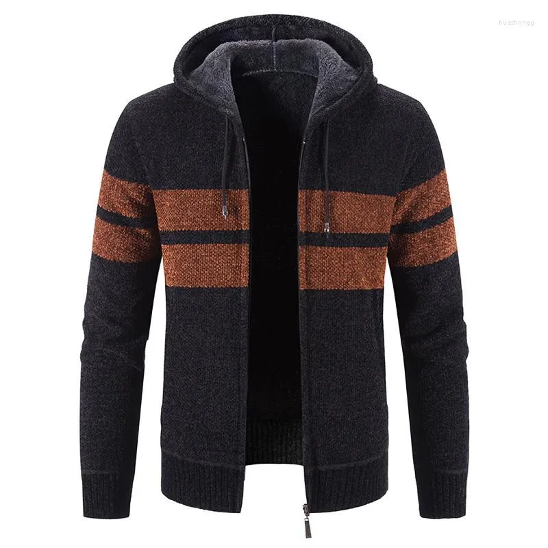 Giacche da uomo Cappotto cardigan invernale con cappuccio da uomo a maniche lunghe Plus maglione a righe con cerniera in velluto giacca calda casual