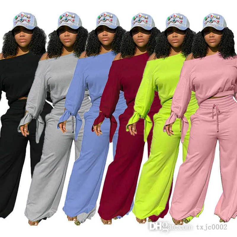 Fall Desinger Women TrackSuits Plus Size 4XL 5XL 2ピースセットセクシーな肩バットスリーブワイドレッグパンツ衣装スポーツウェア