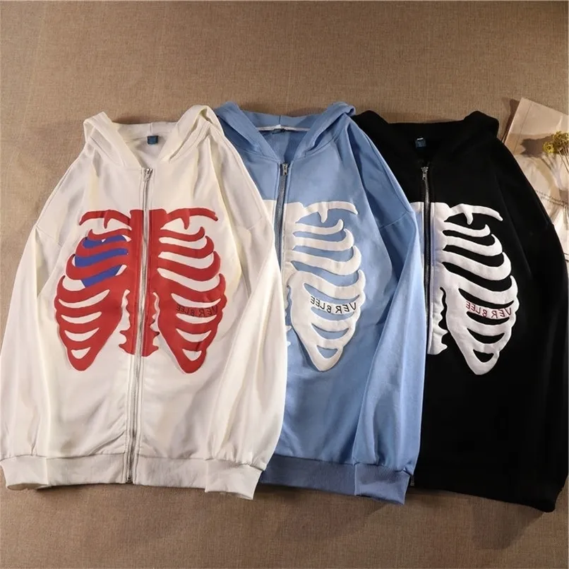 Kvinnors hoodies tröjor mode tröjor skelett tryck anime män kvinnor långärmad blixtlåsare juvelera jacka lös streetwear y2k pullover 221007