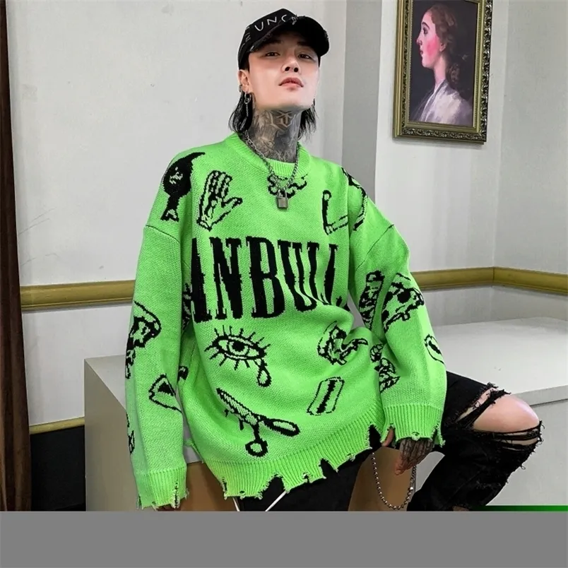 Men's Sweaters Autumn Winter Ripped Hole Punk Hip Hop Sweater Men Red Green Yellow Color Oversized Pullover Korean Style Graffiti Jersey Hombre 221007