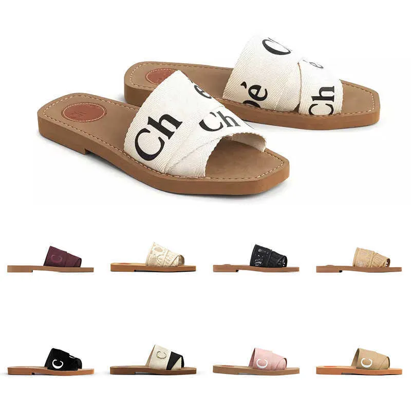 2022 Tofflor Designer Kvinnor Woody Flat Mules Sandaler Slides Segel Canvas Vit Svart Kvinnor Utomhus Beach Tofflor skor