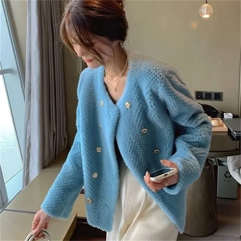 Womens Fur Faux Elegant Double Breasted Coat Women Korean Streetwear Croped Blue Jackor Office Lady Designer Winter 221007