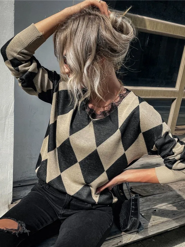 Argyle Sweater Womens: Autumn Winter Knitted Pullover Long Sleeve