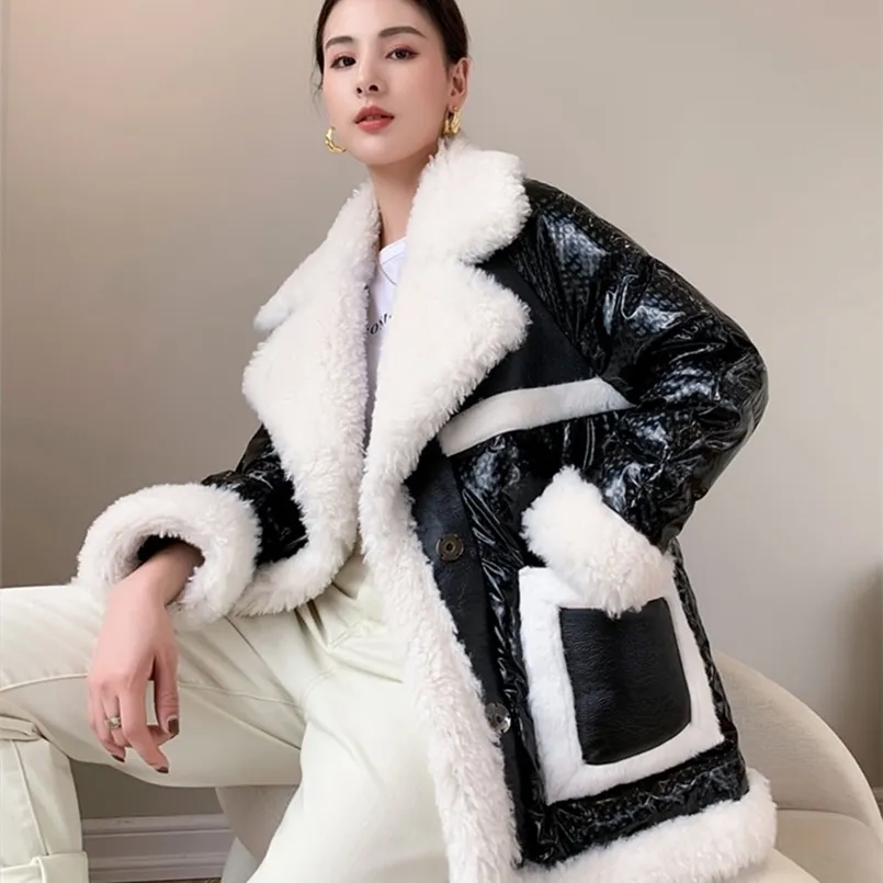 Parka en duvet de canard épais noir pour femme, doudoune brillante en laine d'agneau, mi-longue, manteau en fourrure d'hiver, 221007