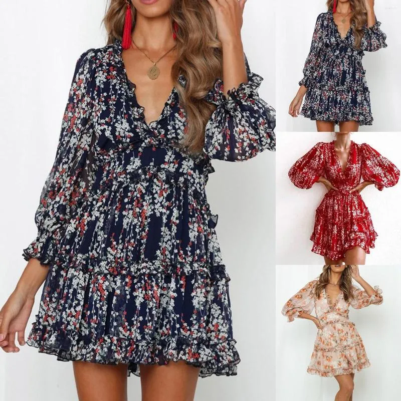 Vestidos casuais de caça floral de decote em V Floral Slave A-line Mid Caud