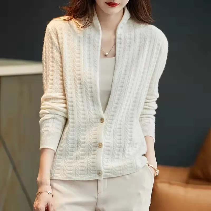 Women's Knits Tees Women's Big Vneck Sweater 100 Pure Wool Jacket Autumn and Winter Casual Knit Tops Korean Fashion Longsleeved Cardigan 221007