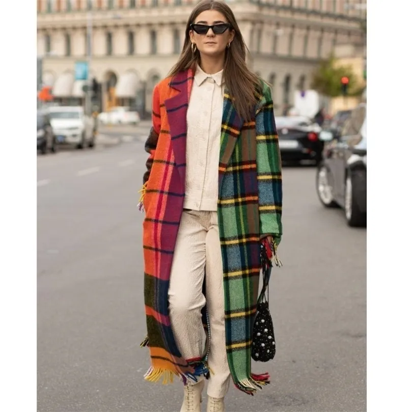 Womens Wool Blends Casa xadrez Mulheres outono Autumn Woolen Fabric Contrast Color Jaqueta longa Capuz Fashion Streetwear Overs Coat 221007