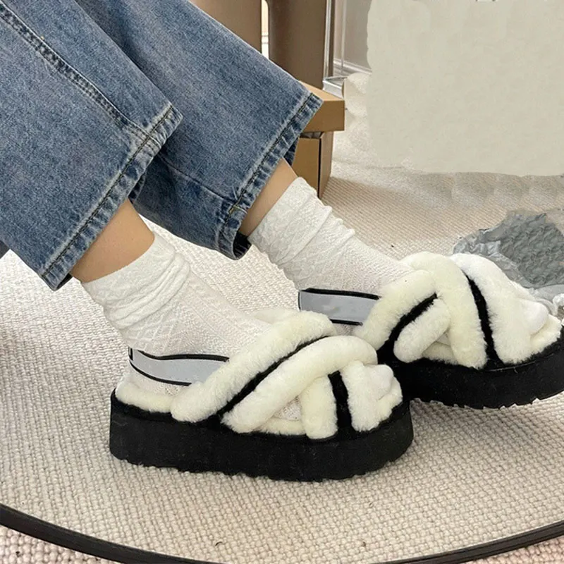 Designer Women s Wool Bedroom Slides Classic Furry Fluffy Warm Cross Slippers