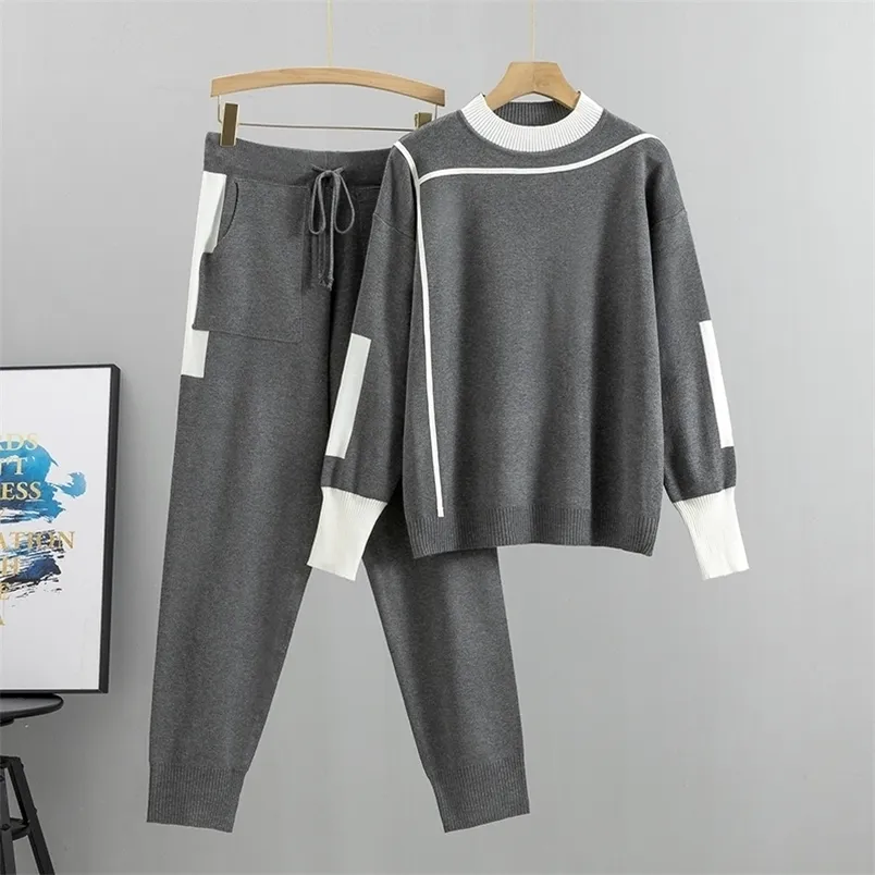 Tweede stuk broek voor dames heren tracksuits herfst runway 2 stuks set gebreide lange mouw pullovers trui sweater casual patchwork fashio jumper tops en broeken pakken