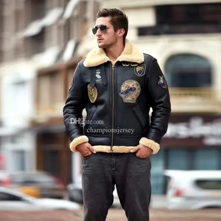 Avfly Men's Pilot Leather Jackets B3フライトスーツマルチスタンダードファー1つの黒いイタリアシープスキンウォームファーズパーカ