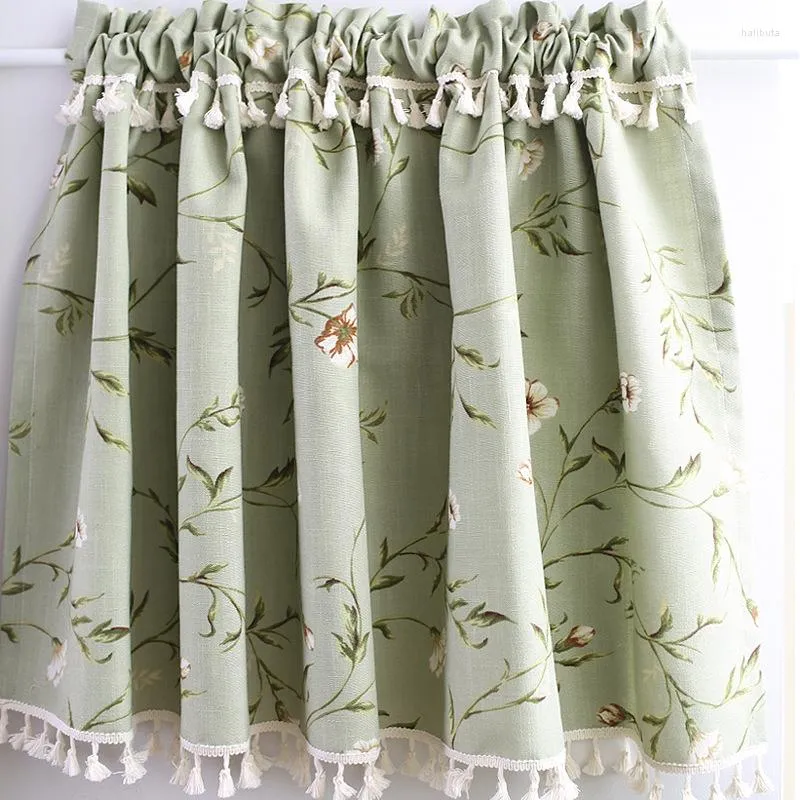 Curtain 130x70cm American Cotton Linen Green Floral Half Household Small Kitchen Semi-shading Short Not Contain Rod