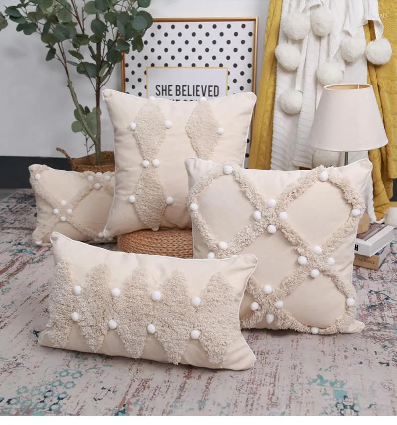 Pillow Bohemian Cotton Linen Cover Handmade Ball Flocking Pillowcase Home Decor Sofa Decorative Case Waist