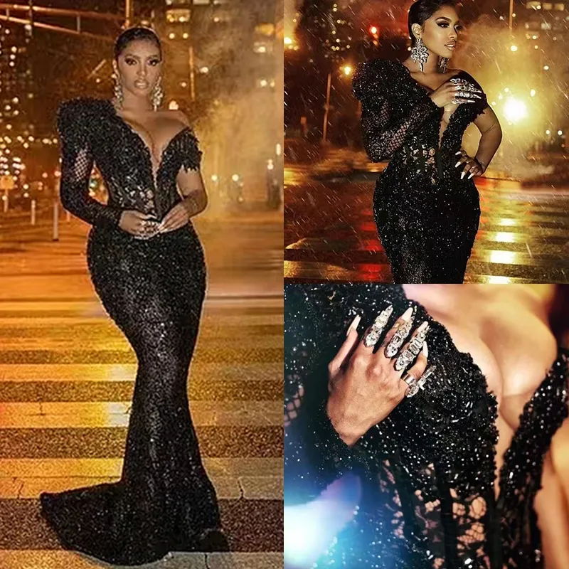 Shines Black Abendkleider TV-Star Porsha Williams Perlen One-Shoulder-Ärmel Spitze Korsett Sexy Verlobungskleid Illusion Meerjungfrau Prom Party Kleider für Frauen 2023