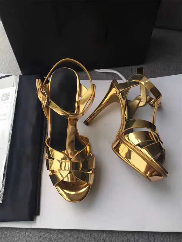 صندل عطر صغير نقي الذهب الفاخر المصمم منصة T الحزام العالي الكعب الصنادل سيدة الأحذية الأحذية 10 سم الولايات المتحدة 4-11
