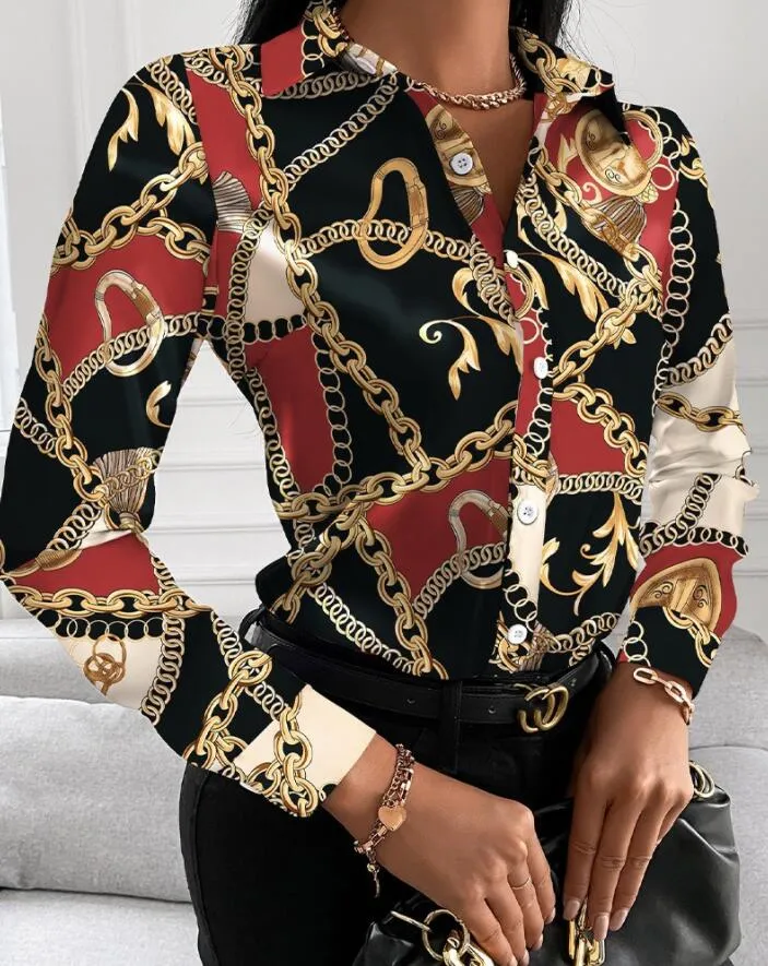 2023 ESTATE camicette da donna Camicie Fashion Chain Leopard Printed Lady Office Shirt Elegante camicetta con colletto rovesciato Bottoni casual Manica lunga Nuove donne autunno Top