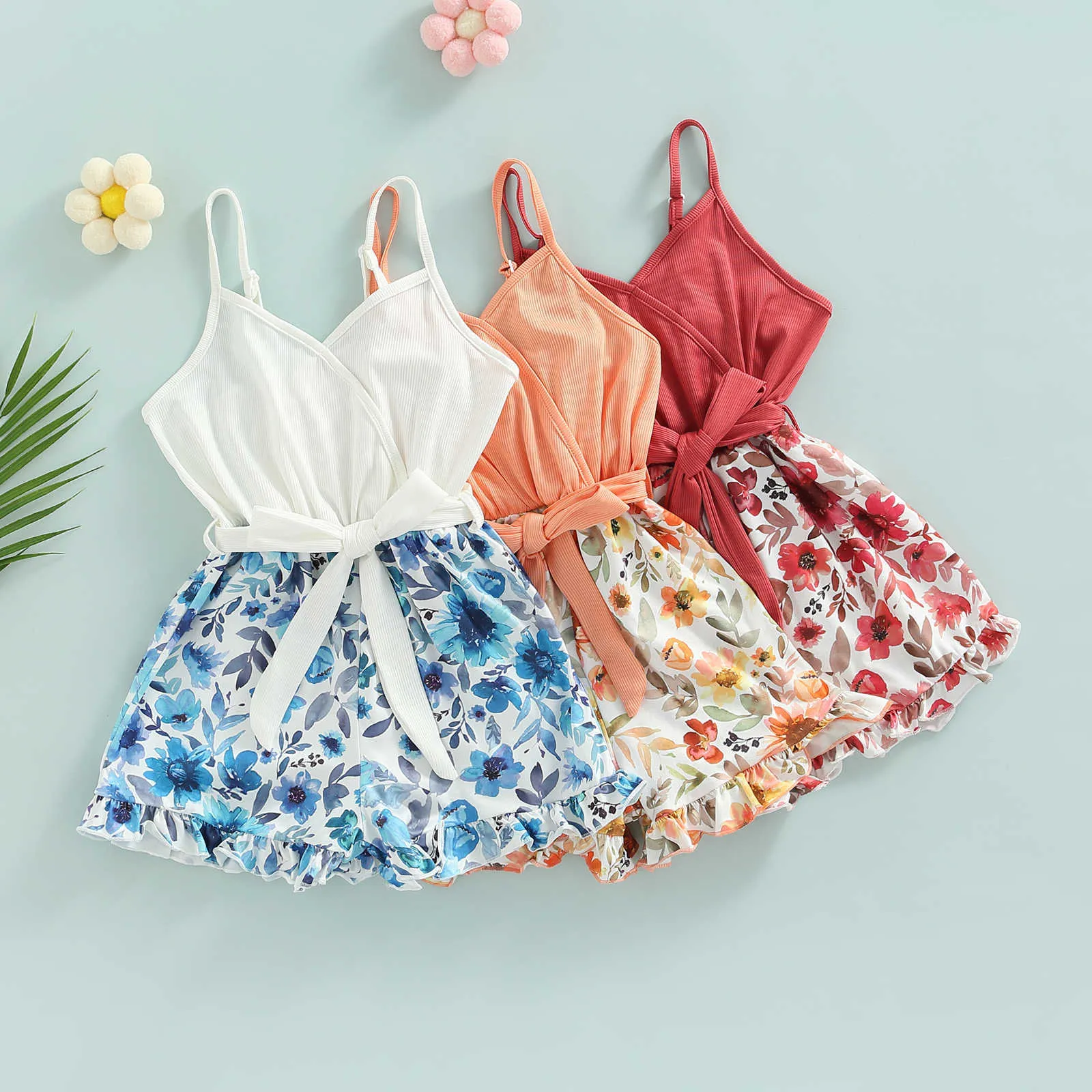 Dompers 510y Kid Mabn Girls Summer Completempbuits Floral Print Rouffles Ruffles Широкие миневые комбинезон