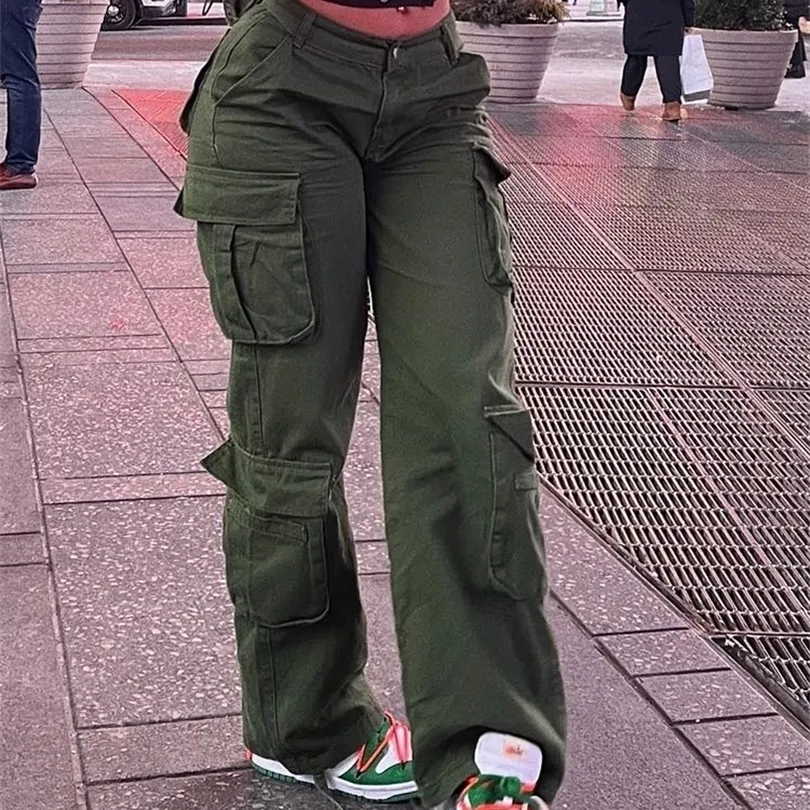 Pantalon femme Capris armée vert Cargo pantalon Baggy jean femmes mode Streetwear poches droite taille haute décontractée Vintage Denim pantalon salopette 221007