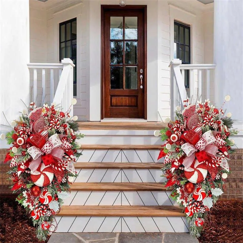 Decorative Flowers Wreaths Christmas Wreath Candy Cane Artificial Wreath Window Door Hanging Garlands Rattan Home Christmas Decoration 2023 T221007