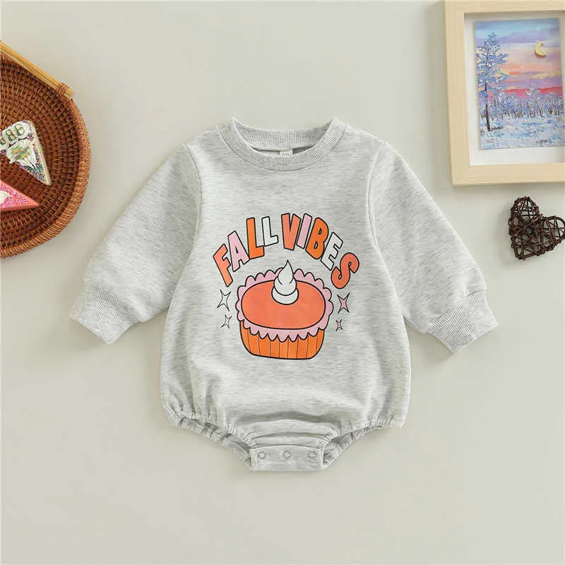 Rompers Baby Girl Boy Thanksgiving Day Romper Grey Long Sleeves Round Neck Letters And Cupcake Print Jumpsuit Clothes J220922