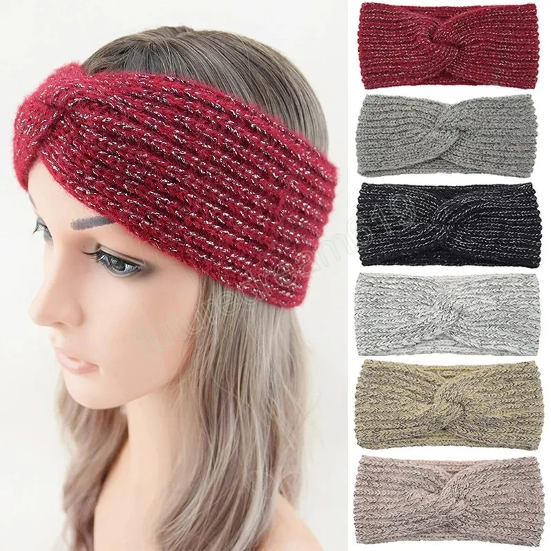 Shiny Silver String Gestricktes Stirnband Damen Herbst Winter Kreuzgeknüpfter Plüsch Breiter Turban Kopfwickel Outdoor Radfahren Ohrwärmer