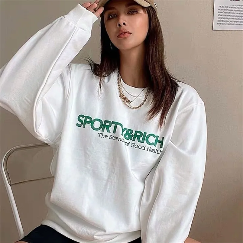 Kadın Hoodies Tişörtü Sonbahar Amerikan Vintage Sportif Zengin Harfler Baskı Beyaz n Kazak Yuvarlak Yaka Pamuk Gevşek Spor Çiftler Giysileri 221008