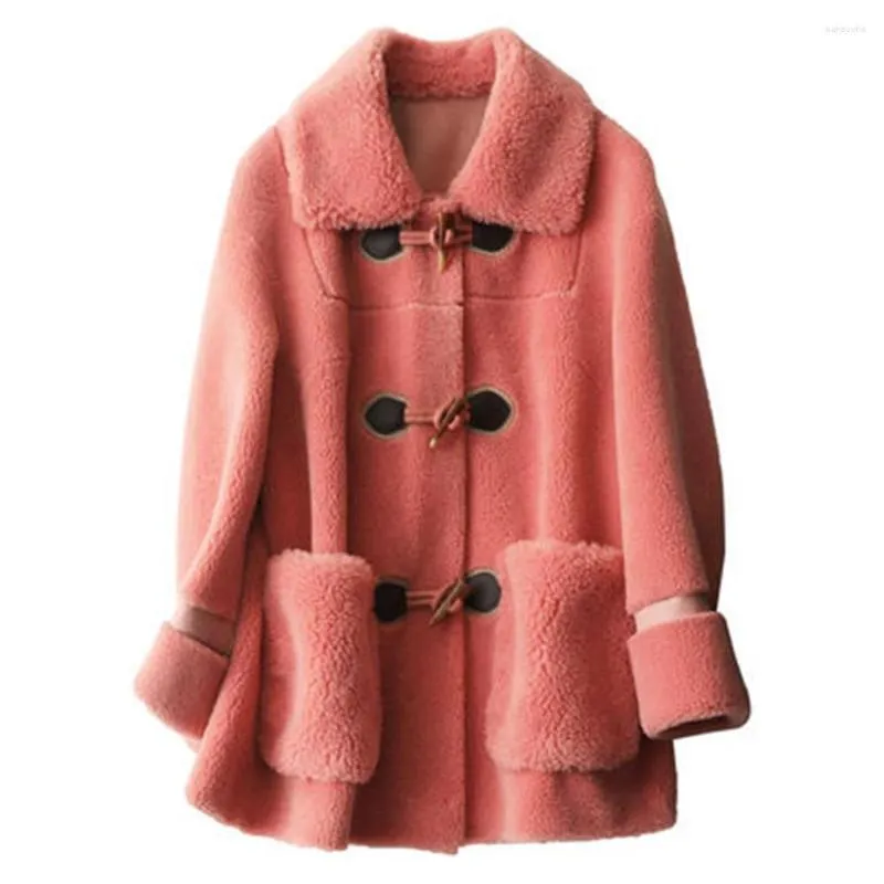 Cappotto da donna in pelliccia di pecora da donna 2022 Cappotti in misto lana caldo invernale Donna con fibbia in corno corto Giacca retrò Capispalla Abrigo Mujer L105