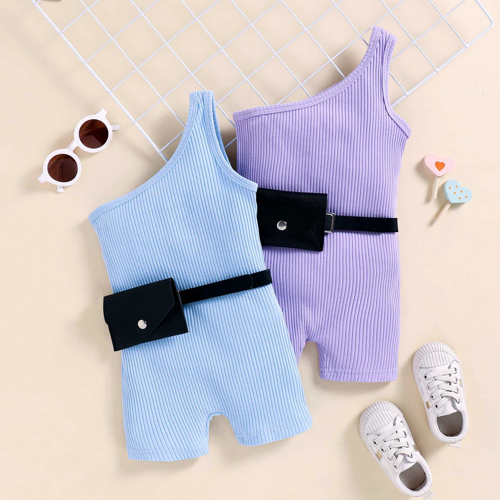 Rompers 16Y Fashion Girls Summer Jumpsuits With Waist Pack Sleeveless One Shoulder Solid Color Ribbed Elastic Playsuits Shorts J220922