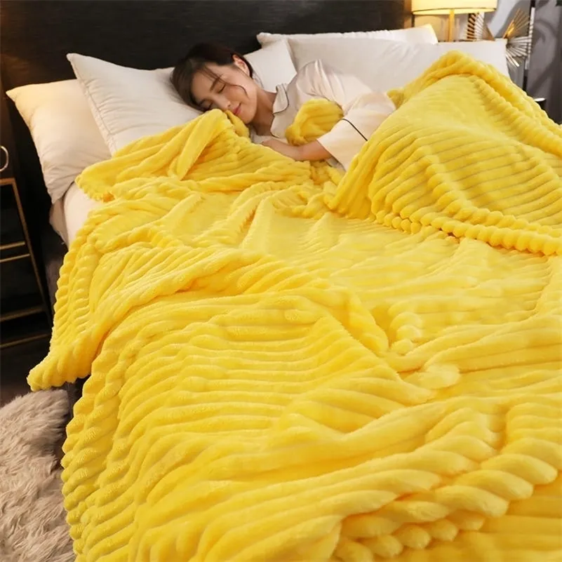 Blanket Super Soft Flannel For Beds Solid Striped Throw Sofa Cover Bedspread Winter Warm yellow 221007