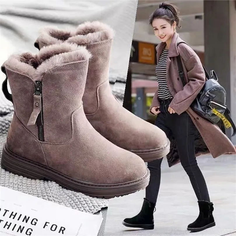 Boots Women Snow Plush Flock Zip Solid Female Midcalf مريحة حافظ على أزياء الفراغات الشتوية الدافئة